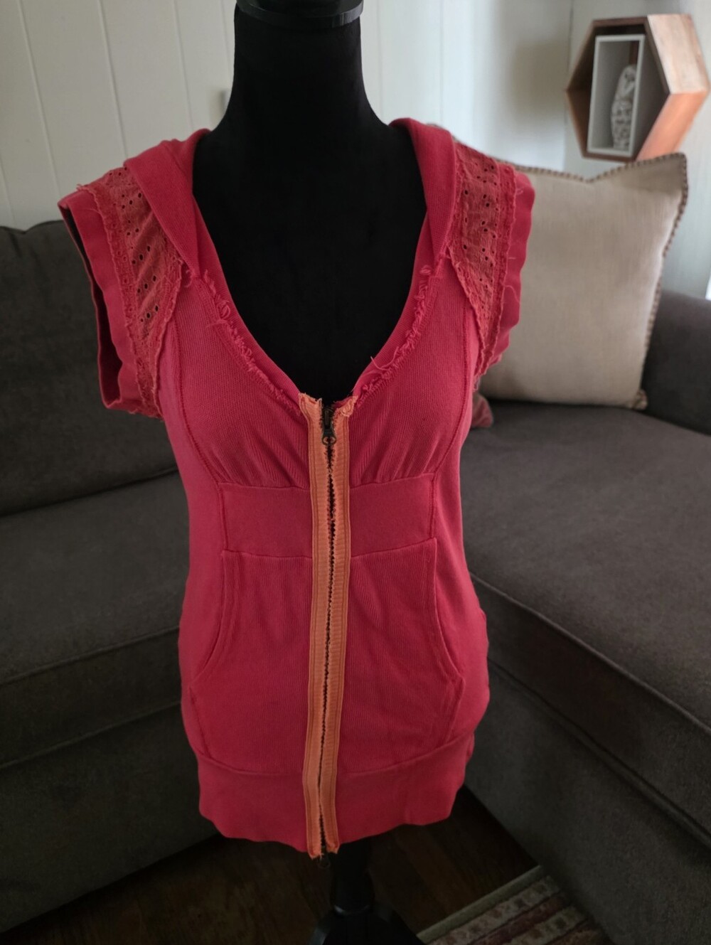 Free People Y2K Pink Sleeveless Hoodie, Cotton & Zip Front, Pockets